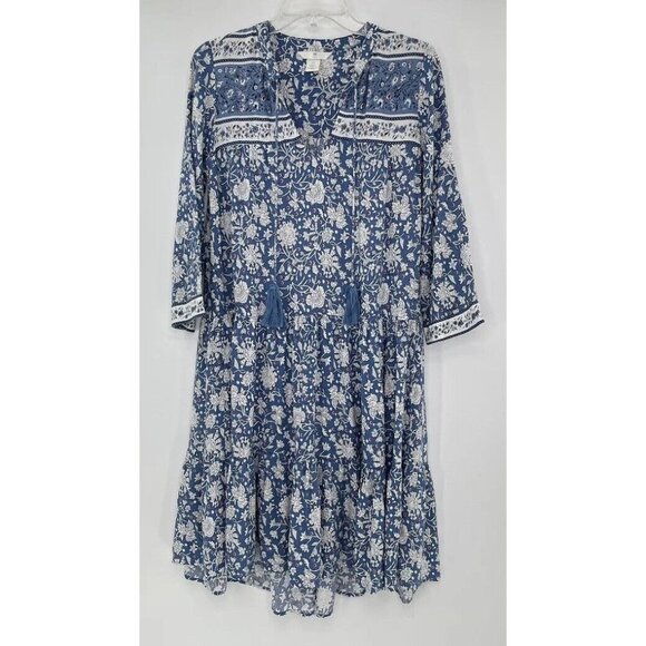 H&M‎ L.O.G.G. Women’s Blue Floral Prariecore Boho Peasant Dress Size 0 - Picture 1 of 11